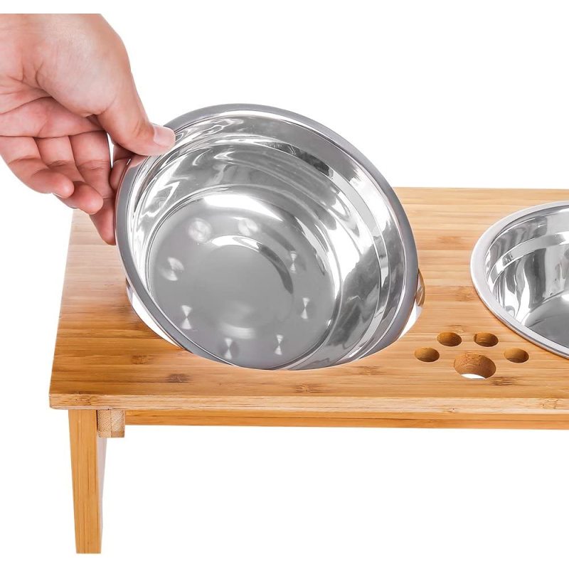 Stainless Steel Bamboo Elevated Bowls Anti Slip Feet  for Cats and Small Dogs