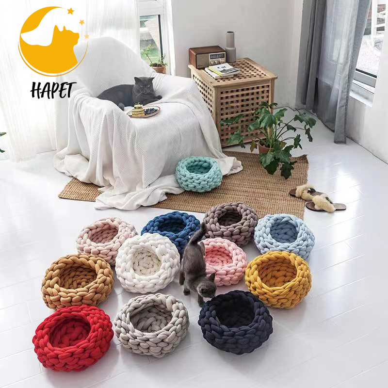 Cotton Knitted Pet Bed Basket Warm Soft Woven Cat Nest Cozy Cuddler for Dogs and Cats