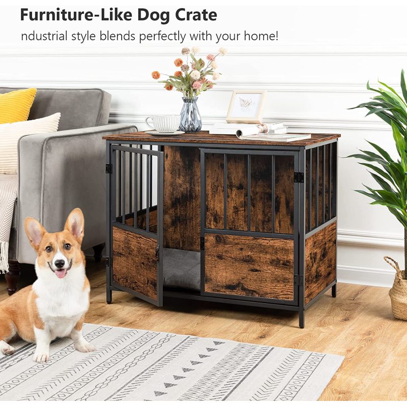 Wooden Dog Crate Furniture End Table Decorative Dog Kennel with Double-Door