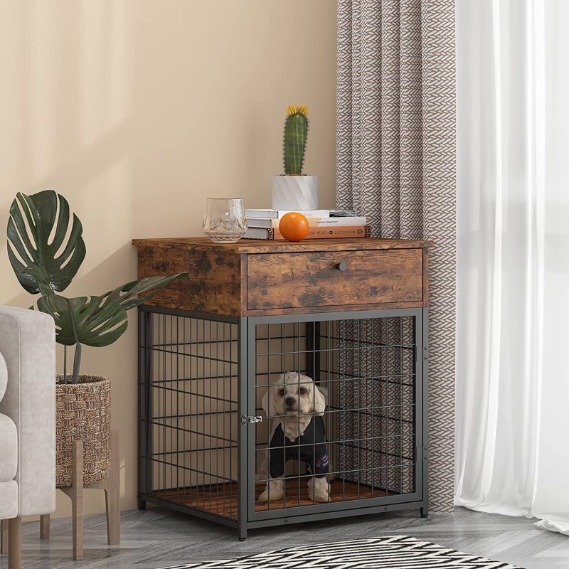 Dog Kennel Wood Indoor Decorative Pet Crate House Dog Crate End Table with Drawer