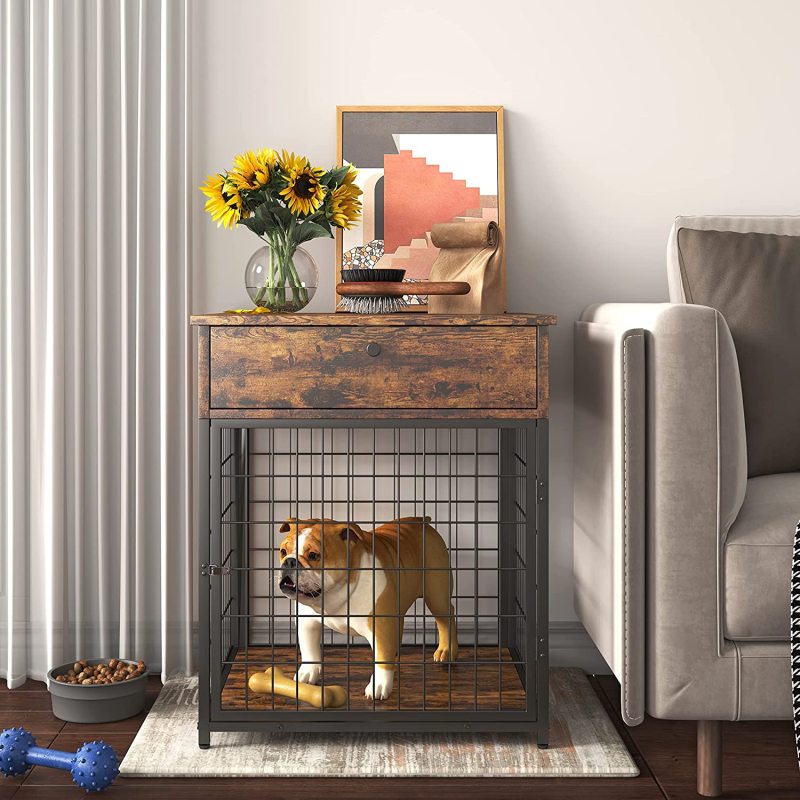 Dog Kennel Wood Indoor Decorative Pet Crate House Dog Crate End Table with Drawer