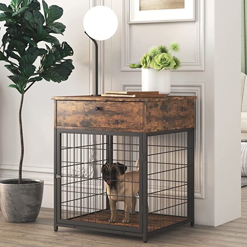 Dog Kennel Wood Indoor Decorative Pet Crate House Dog Crate End Table with Drawer