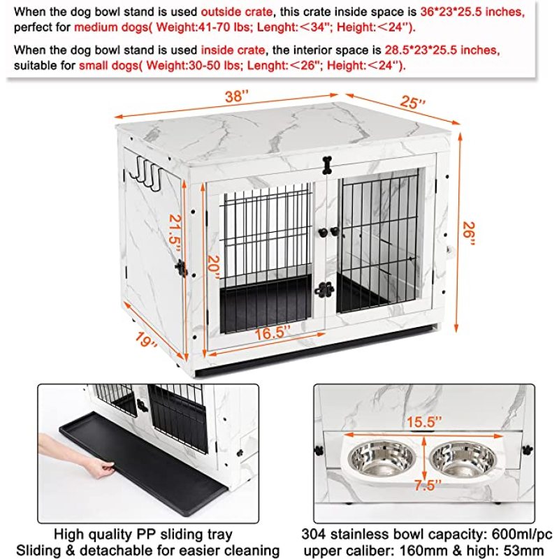 Wood Cage with 360 Degree Rotatable Removable Dog Bowls Dog Crate End Table with Tray Double Doors Dog Kennels