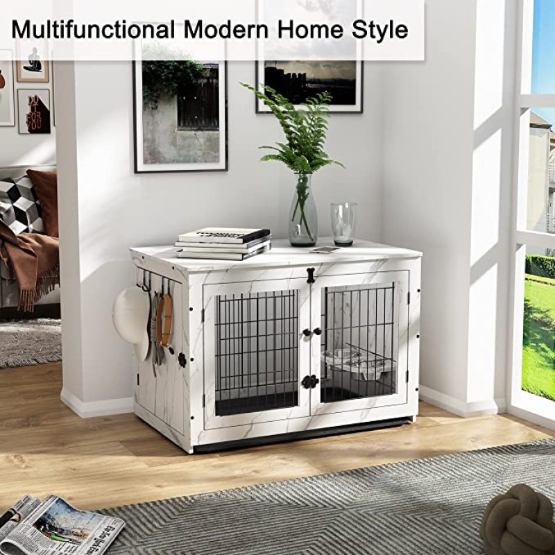 Wood Cage with 360 Degree Rotatable Removable Dog Bowls Dog Crate End Table with Tray Double Doors Dog Kennels