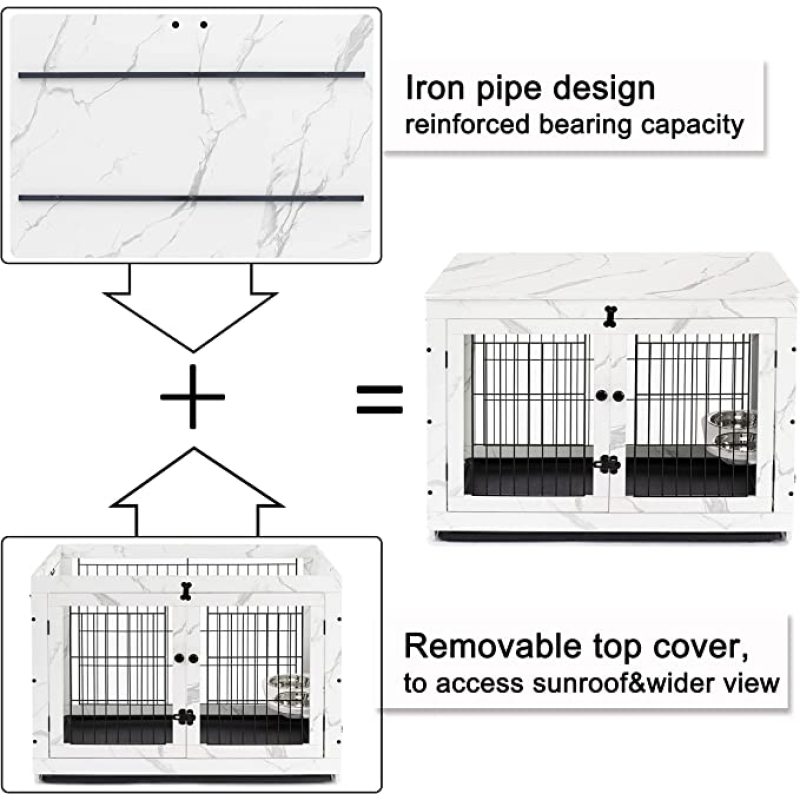 Wood Cage with 360 Degree Rotatable Removable Dog Bowls Dog Crate End Table with Tray Double Doors Dog Kennels