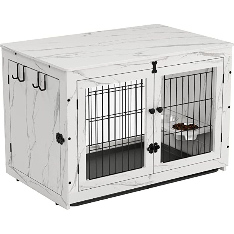 Wood Cage with 360 Degree Rotatable Removable Dog Bowls Dog Crate End Table with Tray Double Doors Dog Kennels