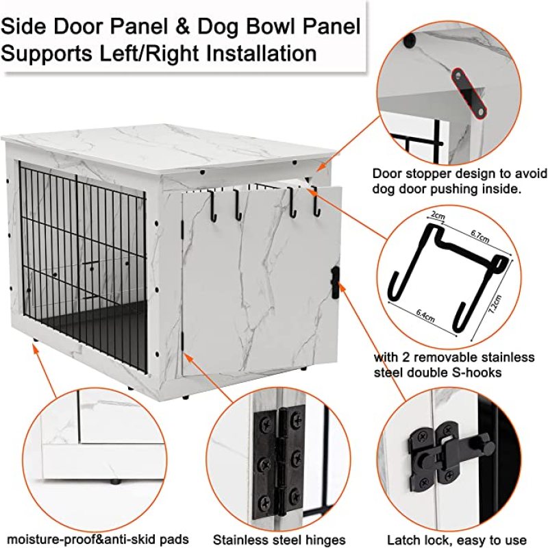 Wood Cage with 360 Degree Rotatable Removable Dog Bowls Dog Crate End Table with Tray Double Doors Dog Kennels