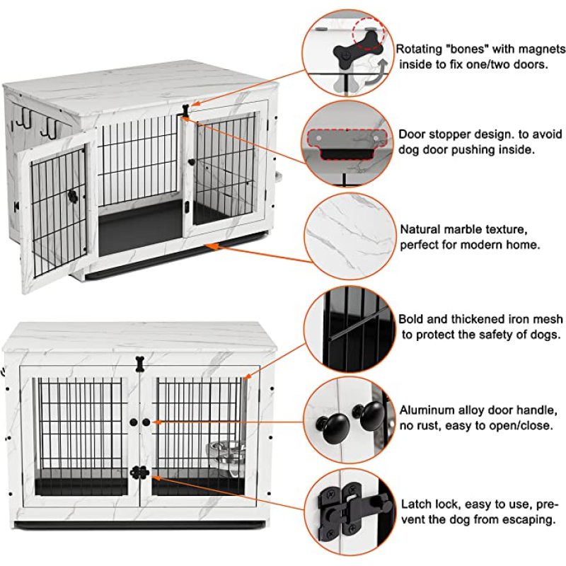 Wood Cage with 360 Degree Rotatable Removable Dog Bowls Dog Crate End Table with Tray Double Doors Dog Kennels