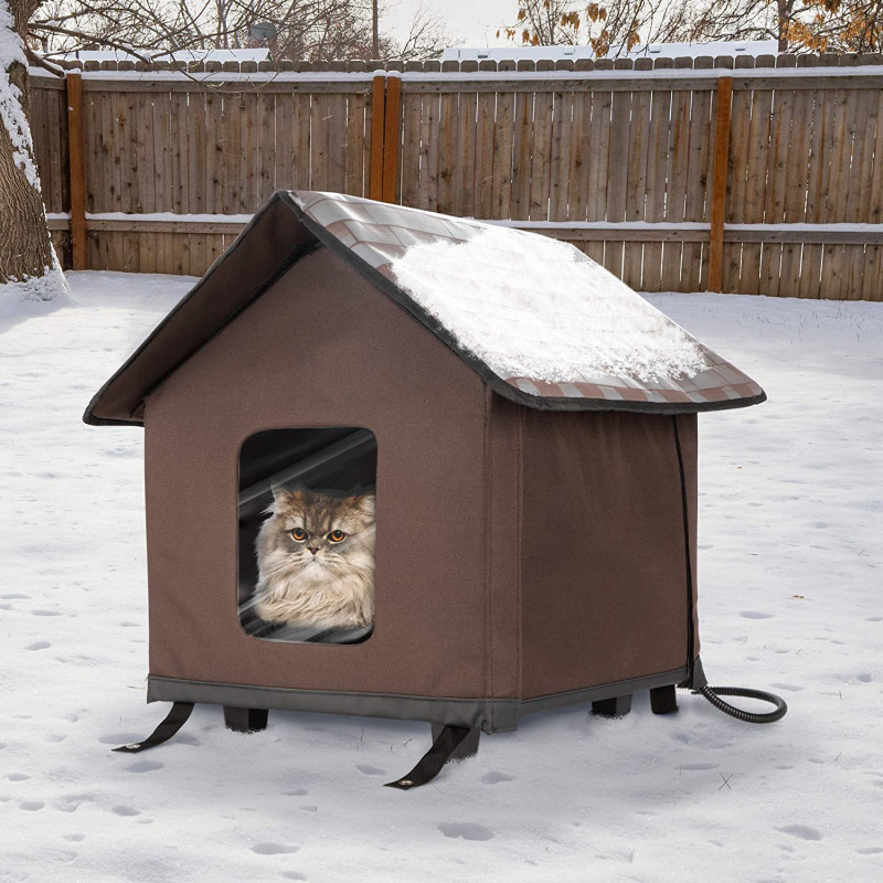 Outdoor Heated Kitty House Cat Shelter Elevated Waterproof Roof and Base Insulated Pet House Safe Cat kennel Durable Cat Condo