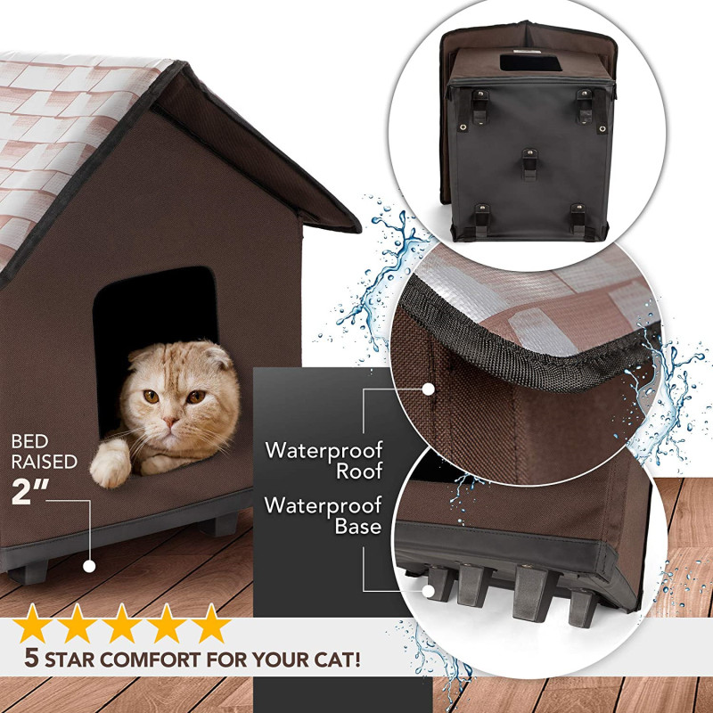 Outdoor Heated Kitty House Cat Shelter Elevated Waterproof Roof and Base Insulated Pet House Safe Cat kennel Durable Cat Condo