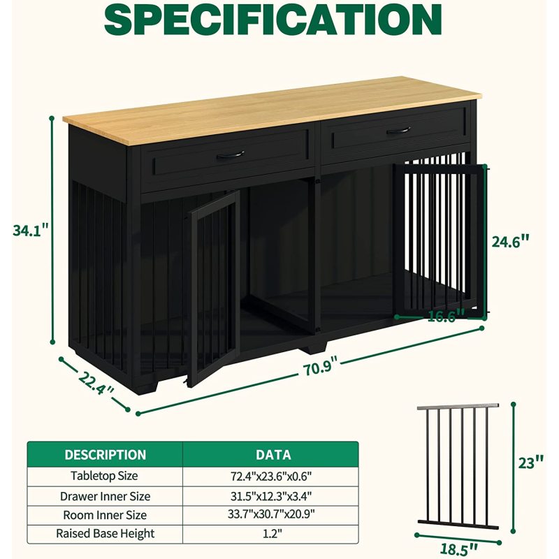 Large Dog Crate Furniture Wooden Dog Crate Kennel with 2 Drawers and Divider