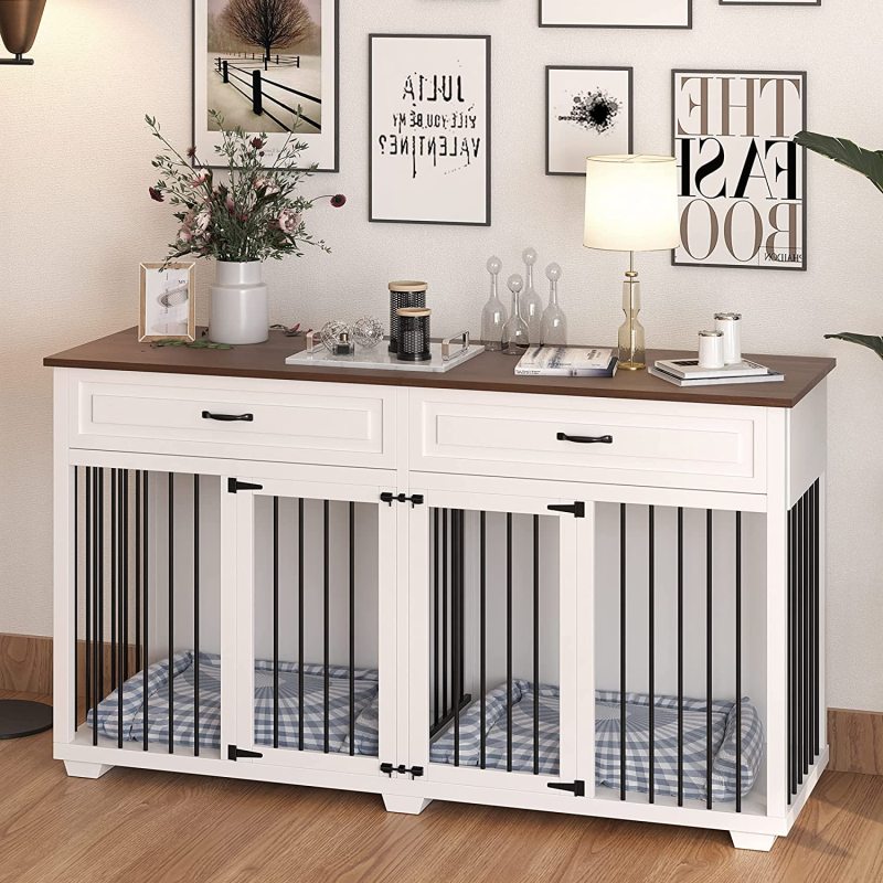 Large Dog Crate Furniture Wooden Dog Crate Kennel with 2 Drawers and Divider