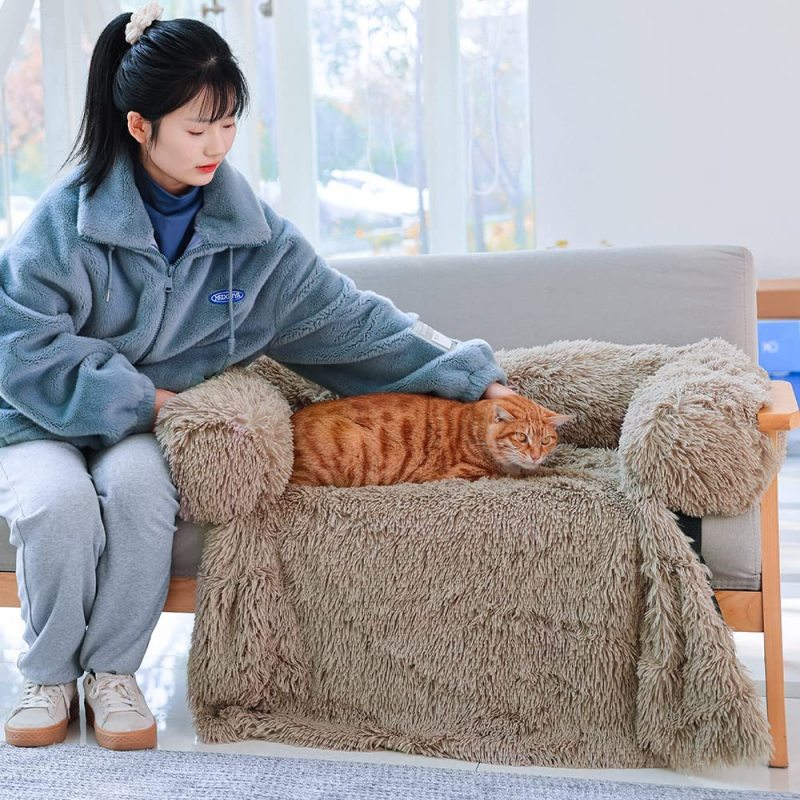 Sagging Calming Couch Protector Pet Bed, Soft Plush Dog Sofa Mat Cover for Furniture Protector with Removable Washable Cover