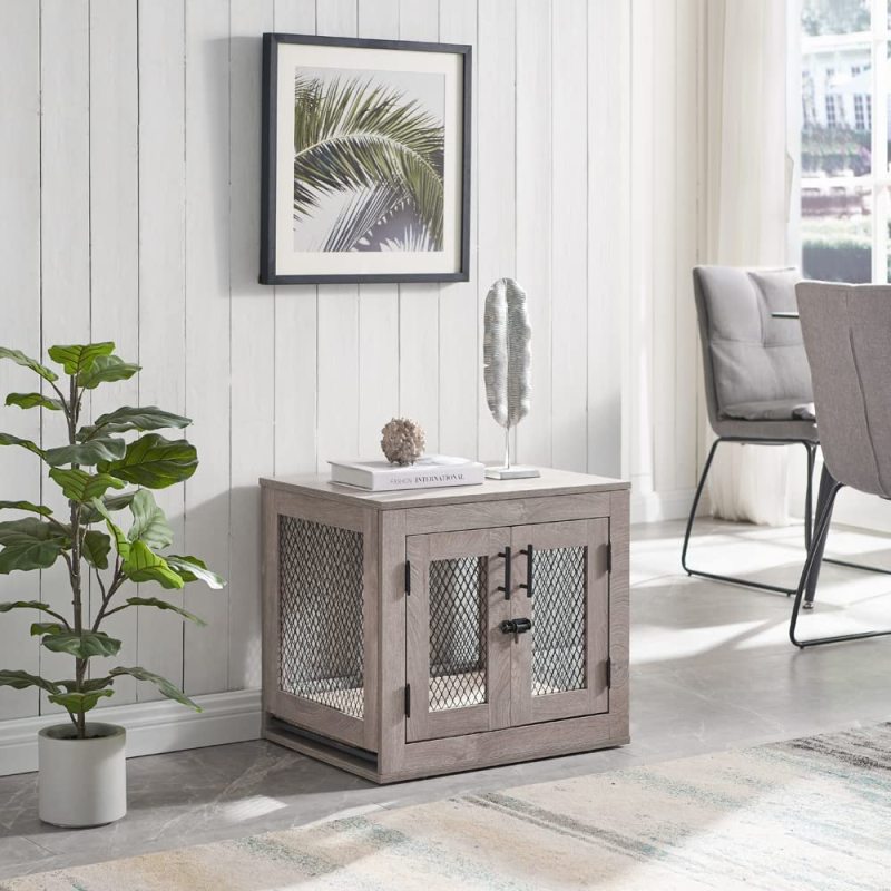 Mesh Dog Kennels with Double Doors Dog Crate with Cushion End Table Dog House Indoor Use