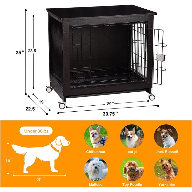 Wooden Dog Crate Furniture for Large or Medium Dogs Heavy Duty Dog Kennel End Table Indoor with Tray and Wheel