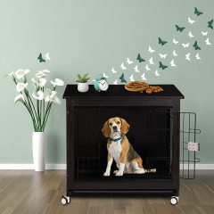 Wooden Dog Crate Furniture for Large or Medium Dogs Heavy Duty Dog Kennel End Table Indoor with Tray and Wheel