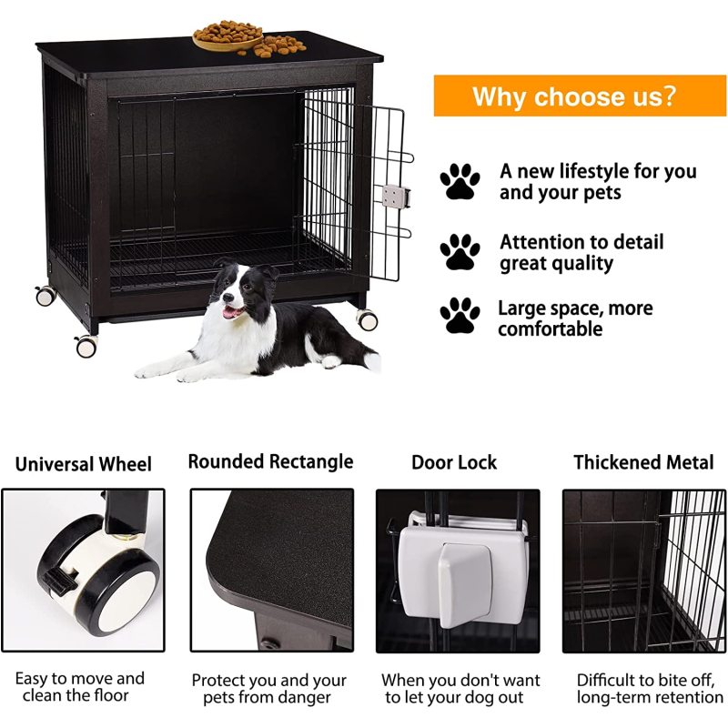 Wooden Dog Crate Furniture for Large or Medium Dogs Heavy Duty Dog Kennel End Table Indoor with Tray and Wheel