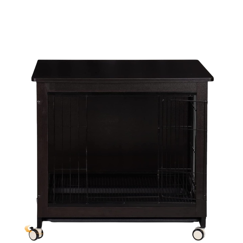 Wooden Dog Crate Furniture for Large or Medium Dogs Heavy Duty Dog Kennel End Table Indoor with Tray and Wheel