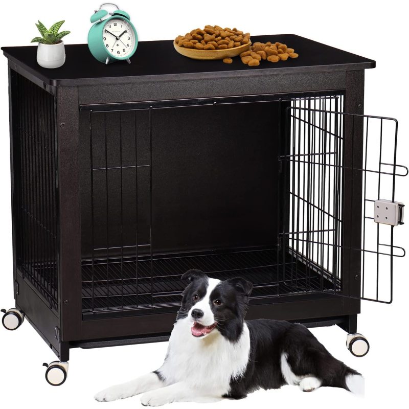 Wooden Dog Crate Furniture for Large or Medium Dogs Heavy Duty Dog Kennel End Table Indoor with Tray and Wheel