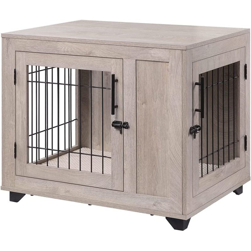 Dog Crate, Double Doors Wooden Wire Kennel End Table, Pet House with Soft Bed, Decorative Furniture Indoor Use