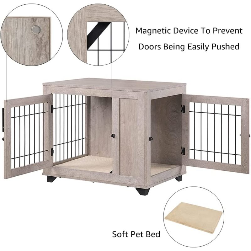 Dog Crate, Double Doors Wooden Wire Kennel End Table, Pet House with Soft Bed, Decorative Furniture Indoor Use