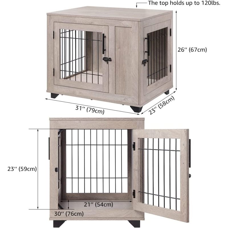 Dog Crate, Double Doors Wooden Wire Kennel End Table, Pet House with Soft Bed, Decorative Furniture Indoor Use