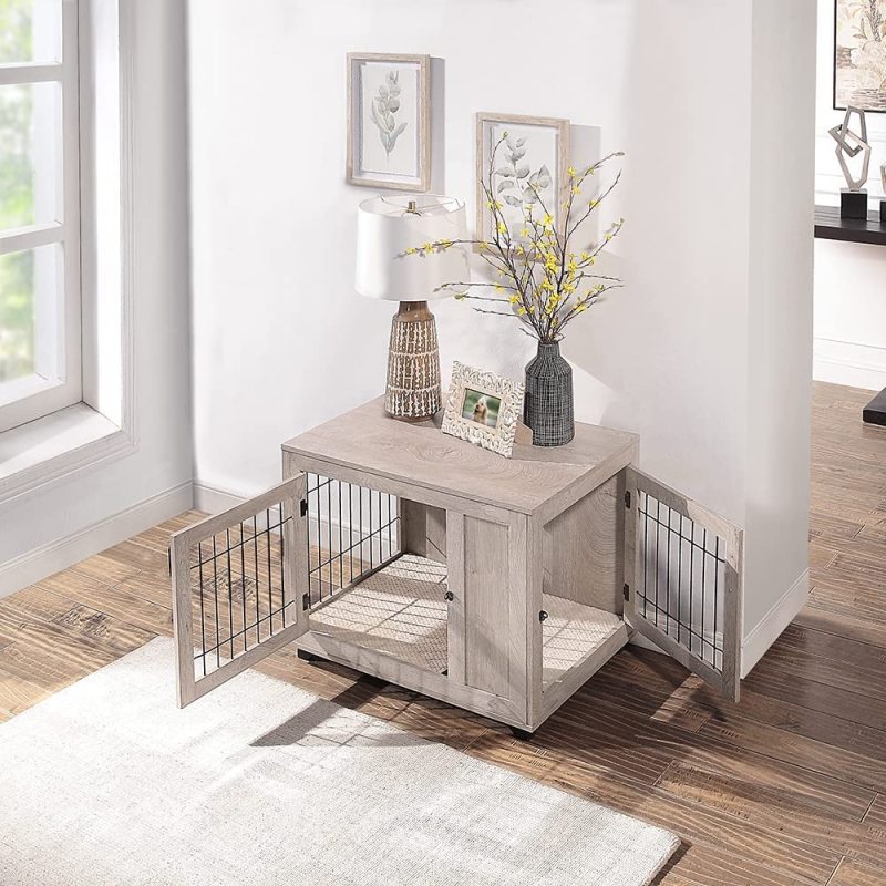 Dog Crate, Double Doors Wooden Wire Kennel End Table, Pet House with Soft Bed, Decorative Furniture Indoor Use