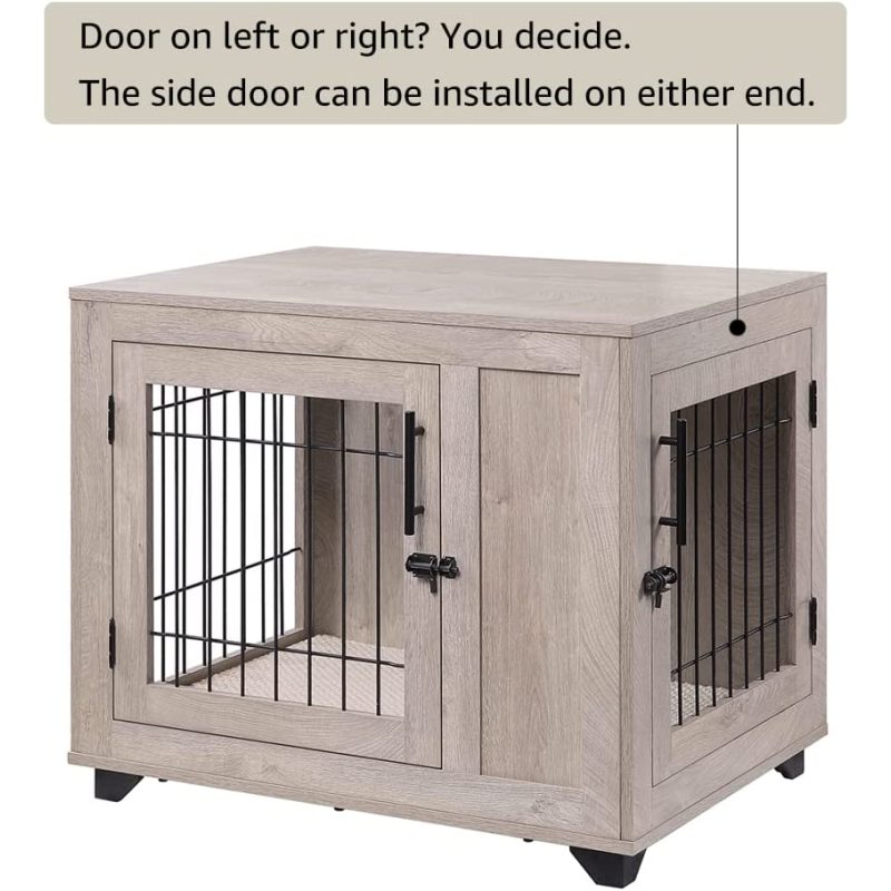 Dog Crate, Double Doors Wooden Wire Kennel End Table, Pet House with Soft Bed, Decorative Furniture Indoor Use