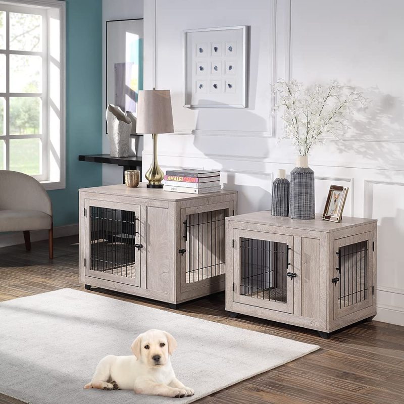 Dog Crate, Double Doors Wooden Wire Kennel End Table, Pet House with Soft Bed, Decorative Furniture Indoor Use