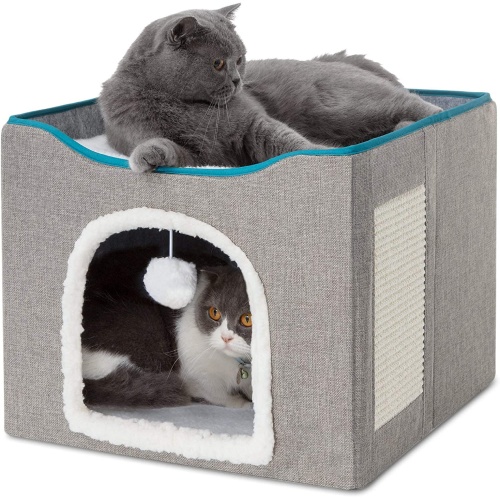Cat Beds for Indoor  House for Pet Cat Cave with  Scratch Pad and Fluffy Ball Hanging, Foldable Cat Hidewawy,