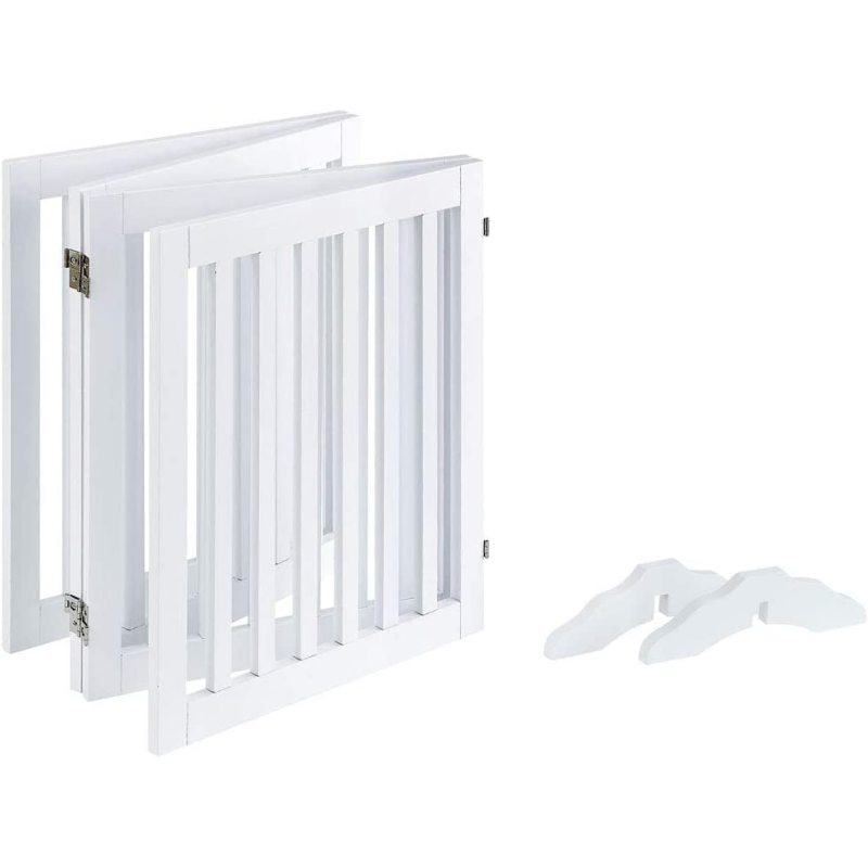 Wooden Dog Gate, Foldable Pet Gate with 2PCS Support Feet Dog Barrier Indoor Pet Gate Panels for Stairs, White, Indoor Use Only