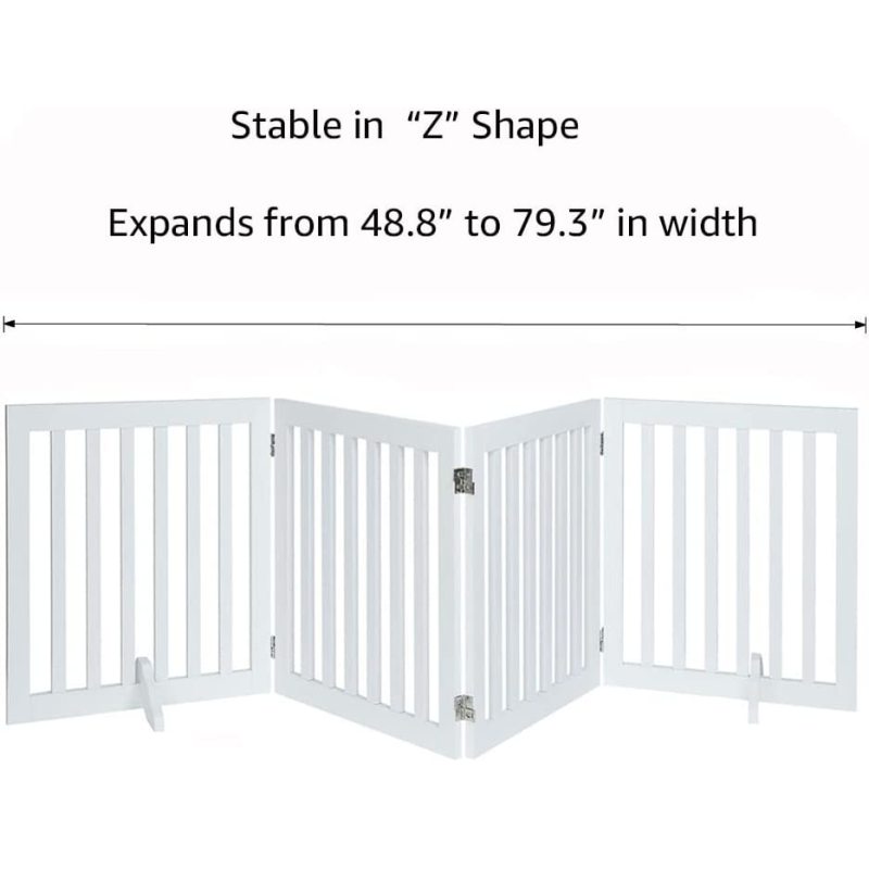 Wooden Dog Gate, Foldable Pet Gate with 2PCS Support Feet Dog Barrier Indoor Pet Gate Panels for Stairs, White, Indoor Use Only