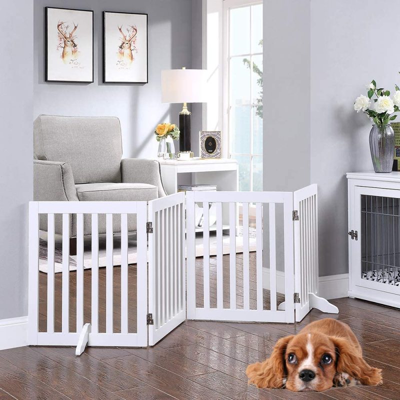 Wooden Dog Gate, Foldable Pet Gate with 2PCS Support Feet Dog Barrier Indoor Pet Gate Panels for Stairs, White, Indoor Use Only