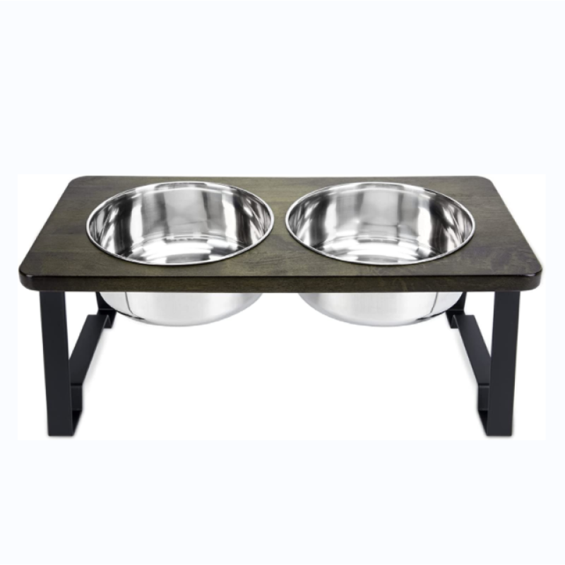 Non-Slip Feet Wood Raised Dog Bowl with Stainless Steel