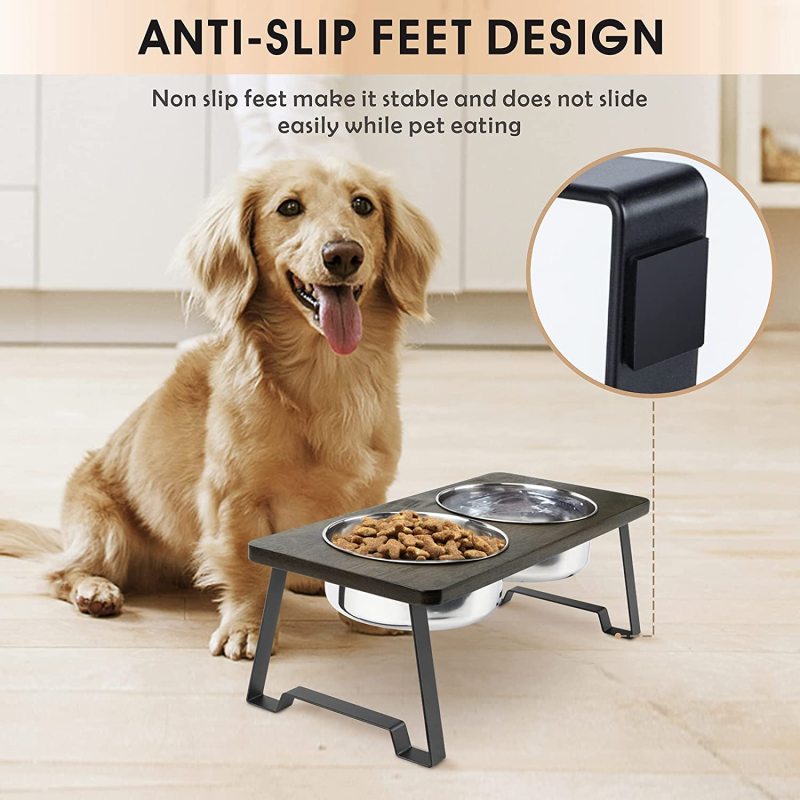 Non-Slip Feet Wood Raised Dog Bowl with Stainless Steel