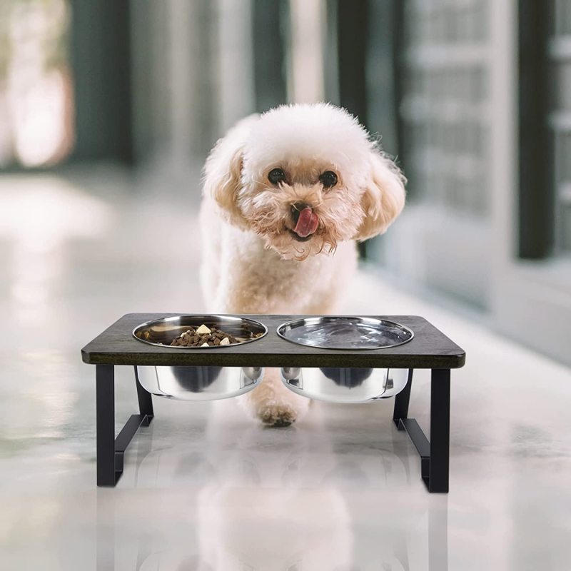 Non-Slip Feet Wood Raised Dog Bowl with Stainless Steel