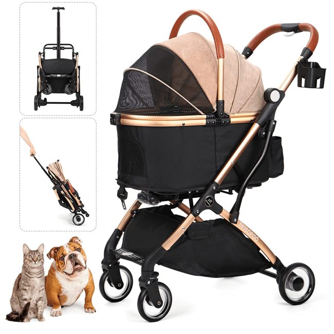 3 in 1 Foldable Pet Stroller for Small Medium Dogs Cats, No-Zip  with Detachable Carrier, Push Button, Luxury