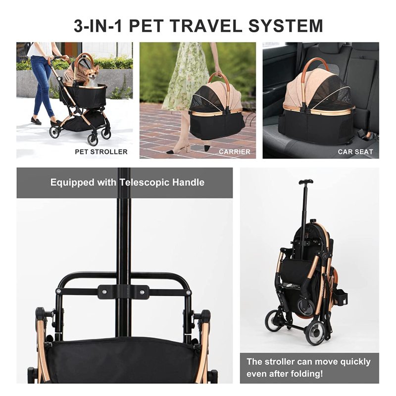 3 in 1 Foldable Pet Stroller for Small Medium Dogs Cats, No-Zip  with Detachable Carrier, Push Button, Luxury