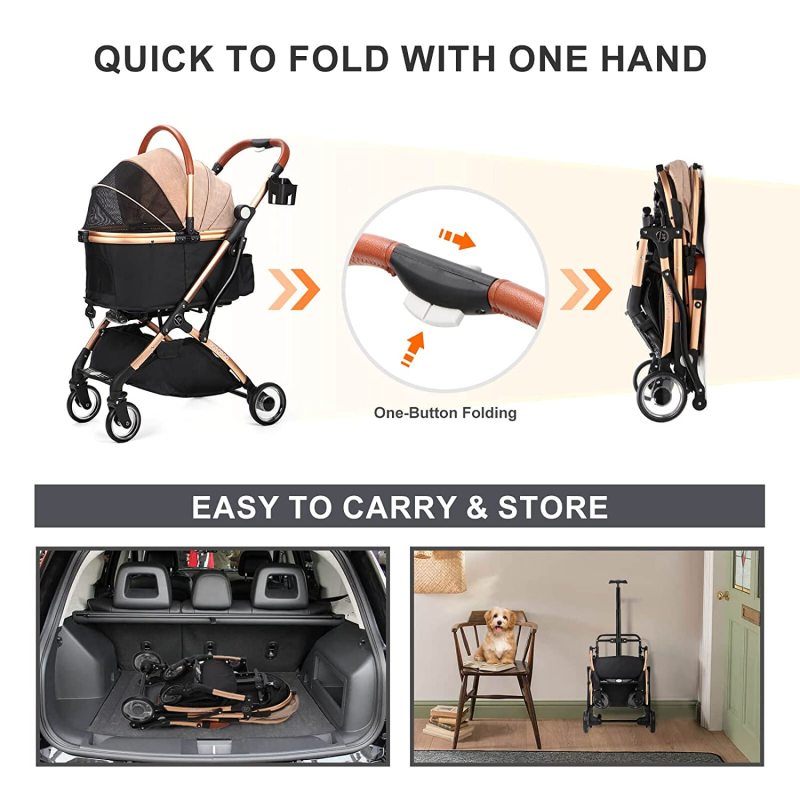 3 in 1 Foldable Pet Stroller for Small Medium Dogs Cats, No-Zip  with Detachable Carrier, Push Button, Luxury