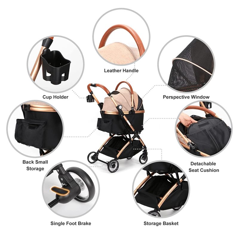 3 in 1 Foldable Pet Stroller for Small Medium Dogs Cats, No-Zip  with Detachable Carrier, Push Button, Luxury
