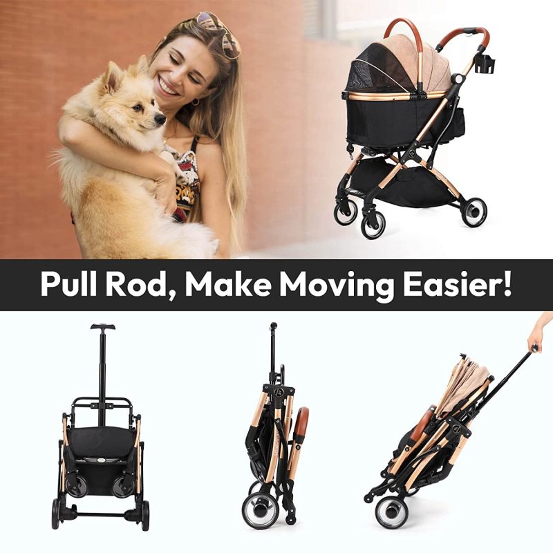 3 in 1 Foldable Pet Stroller for Small Medium Dogs Cats, No-Zip  with Detachable Carrier, Push Button, Luxury