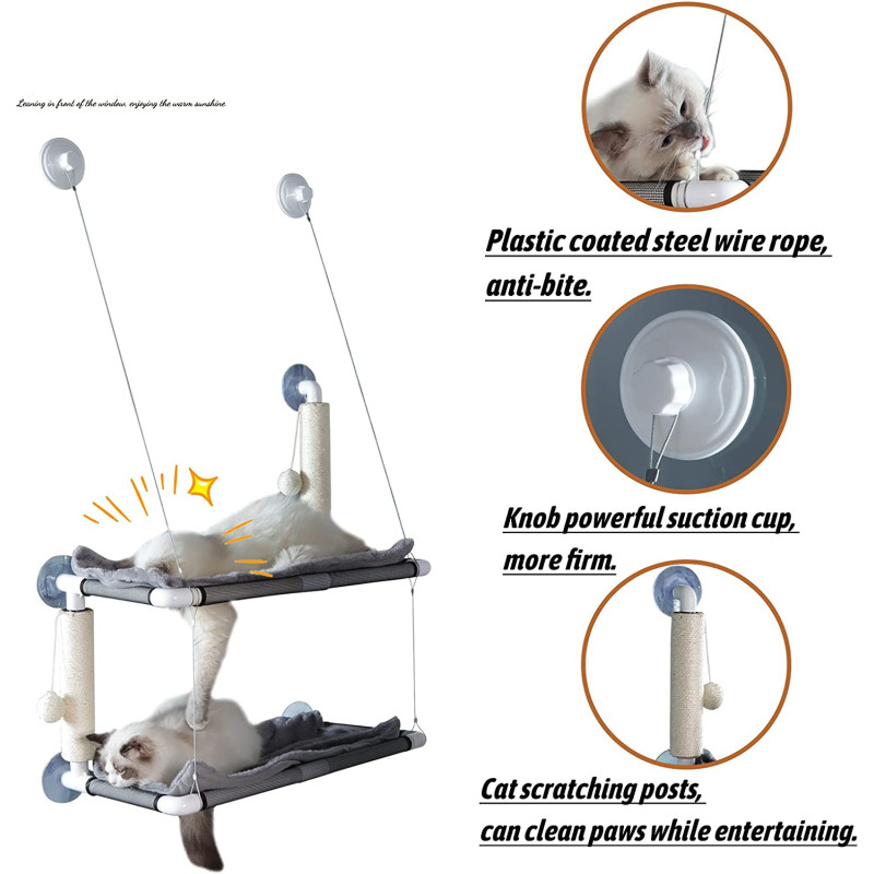 Cat Window Perch, A Large Double-Layer Cat Hammock That Can Accommodate Multiple Cats at The Same Time, with Two Scratching Post