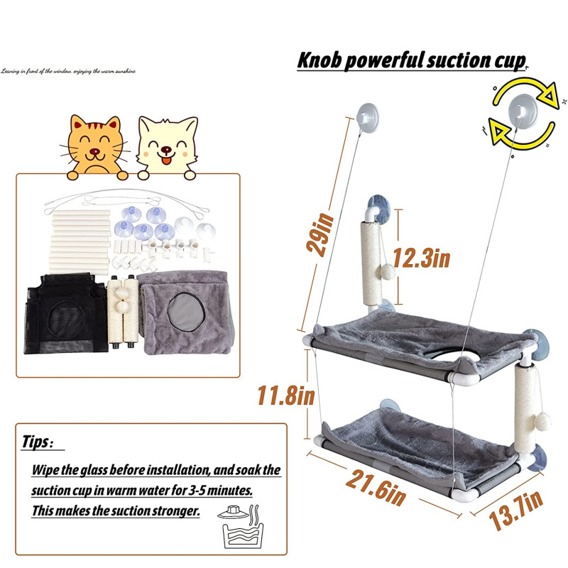 Cat Window Perch, A Large Double-Layer Cat Hammock That Can Accommodate Multiple Cats at The Same Time, with Two Scratching Post