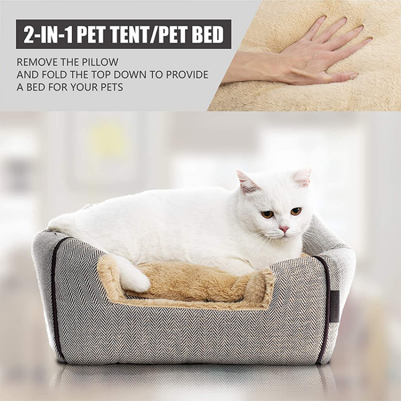 Self Warming Reversible Cat Dog Cushion Bed House Detachable Cave Tent Sleeping Bag Hooded Pet Bed Burrow Lounge Pet Condo