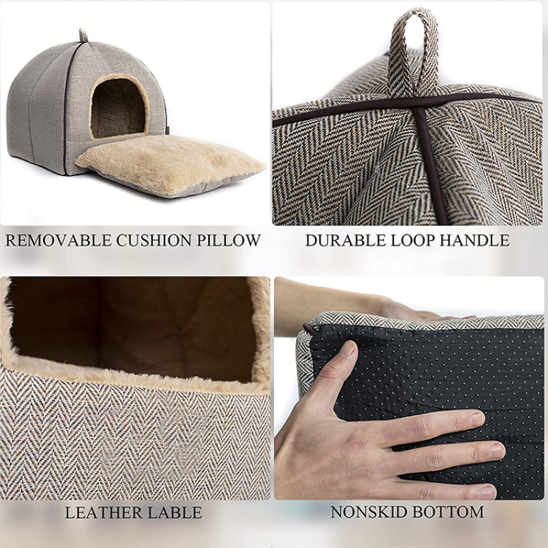 Self Warming Reversible Cat Dog Cushion Bed House Detachable Cave Tent Sleeping Bag Hooded Pet Bed Burrow Lounge Pet Condo