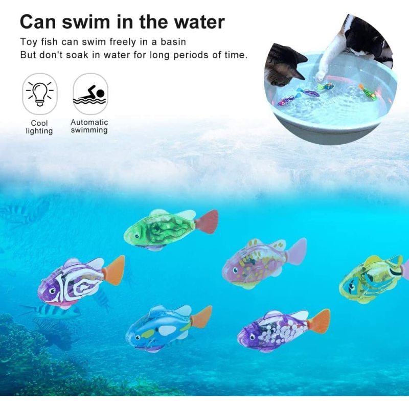 Interactive Robot Fish Toys for Cat/Dog(6 Pcs), Activated Swimming in Water with LED Light, Swimming Bath Plastic Fish Toy Gift