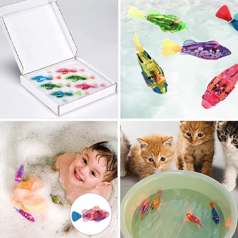 Interactive Robot Fish Toys for Cat/Dog(6 Pcs), Activated Swimming in Water with LED Light, Swimming Bath Plastic Fish Toy Gift