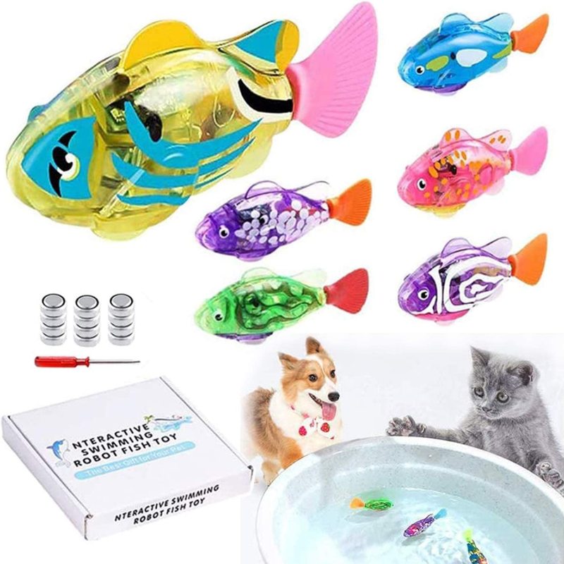 Interactive Robot Fish Toys for Cat/Dog(6 Pcs), Activated Swimming in Water with LED Light, Swimming Bath Plastic Fish Toy Gift