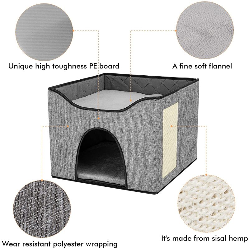 Foldable Fabric Cat Dog Cushion Bed House Removable Cave Tent  Nest Mat Hooded Pet Bed with Scratch Pad Burrow Hut Pet Condo