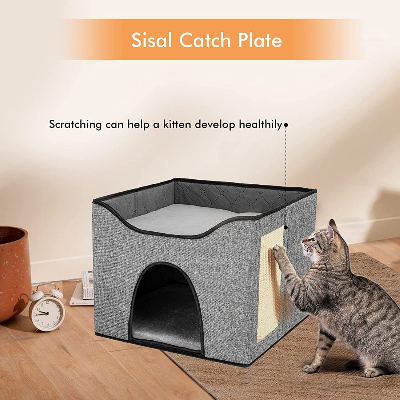 Foldable Fabric Cat Dog Cushion Bed House Removable Cave Tent  Nest Mat Hooded Pet Bed with Scratch Pad Burrow Hut Pet Condo
